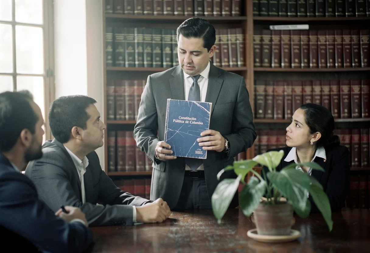 Lawyer holding Colombian Constitution, soft lighting, muted colors, political rights context.