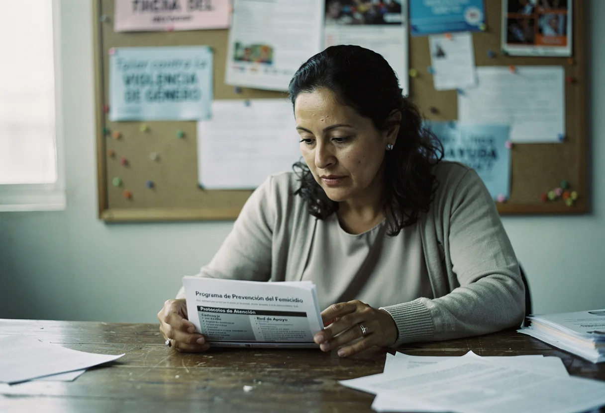 A Colombian woman reviewing documents at a community center, femicide prevention programs 2024.