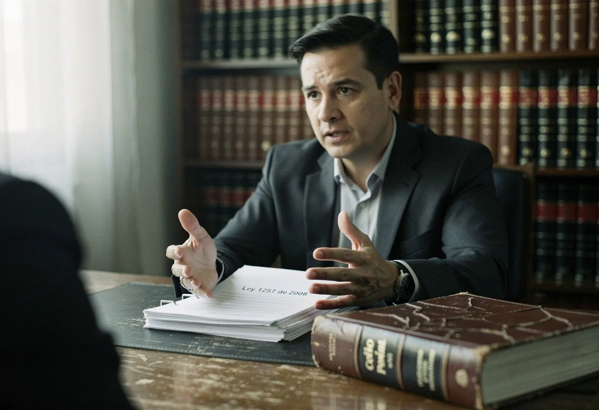 Lawyer at desk, explaining Colombia's gender-based violence laws, muted tones, soft focus.
