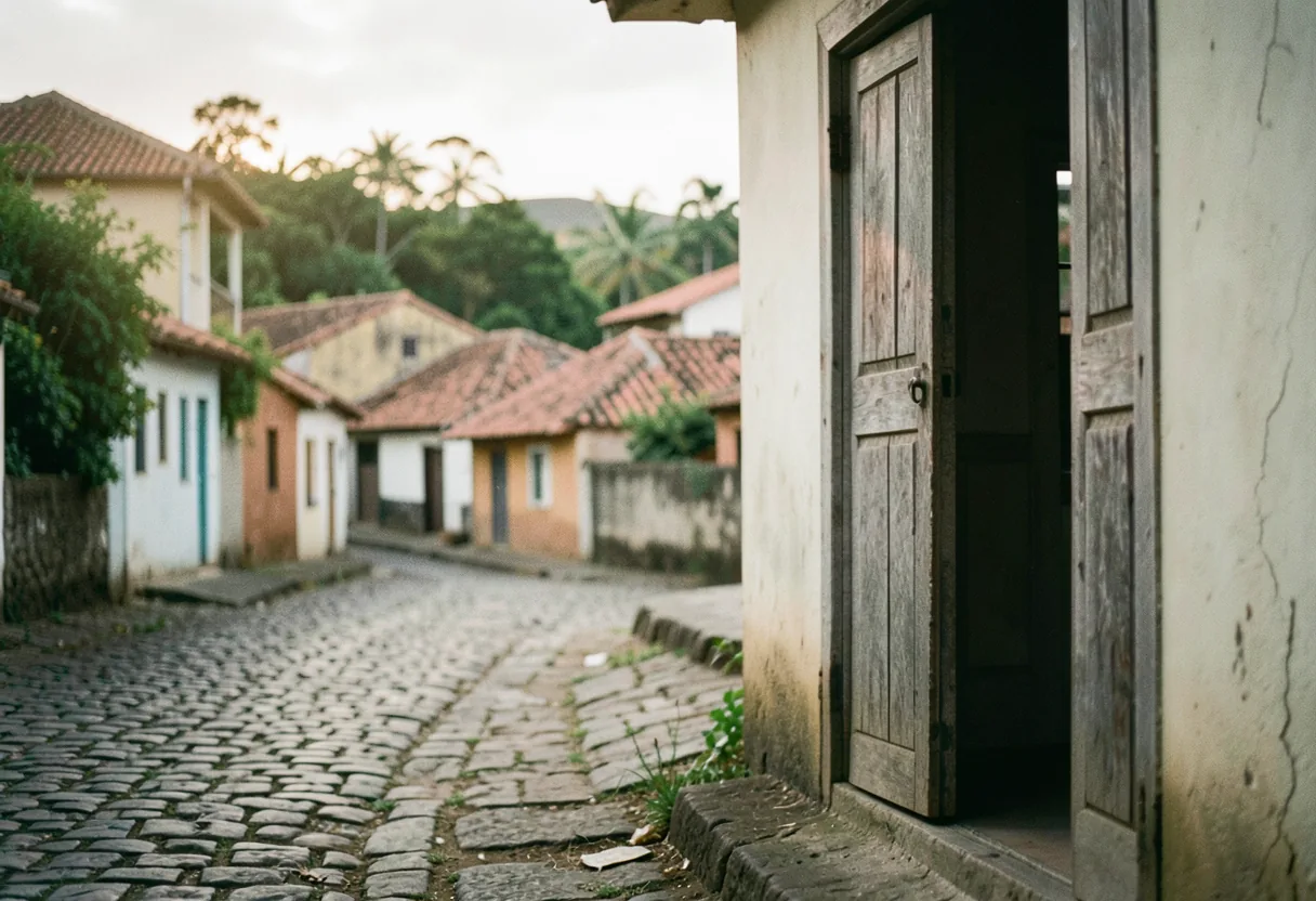 Rural Colombian door ajar, muted tones, gender violence awareness symbol.