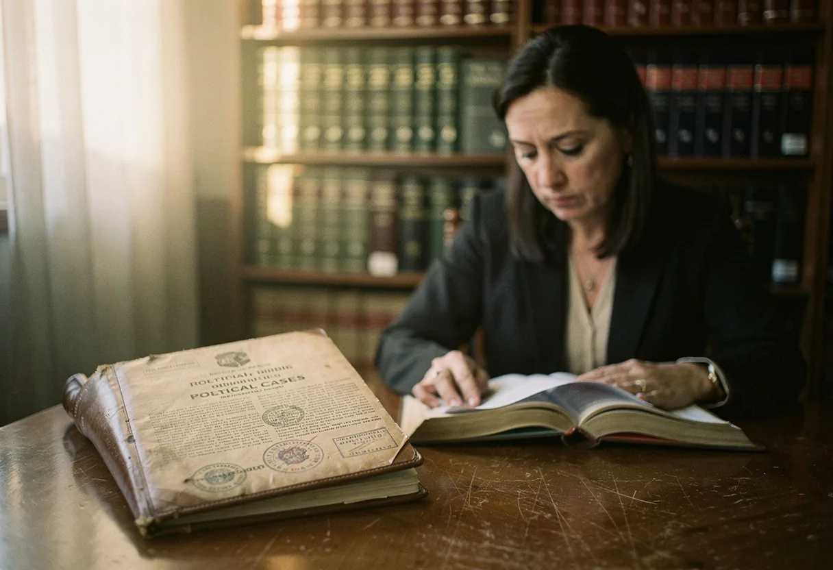 Blurred bookshelf with law books, Colombia Human Rights Ombudsman Political Cases Guide.