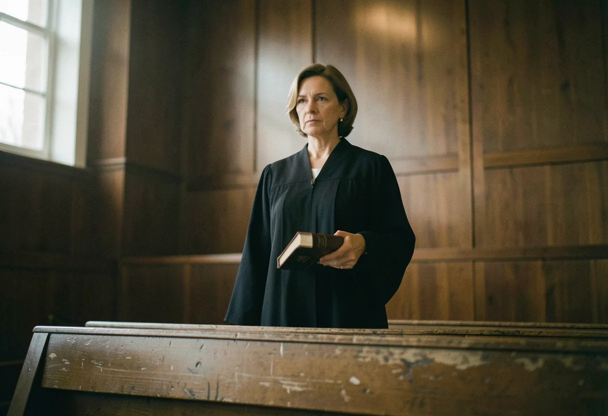 Judge in black robe stands in courtroom, Colombia judicial independence human rights.