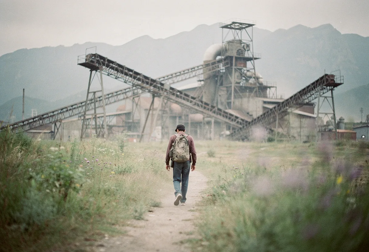 A lone figure walks a dusty path, backpack slung over one shoulder, Colombia mining conflict human rights impact.