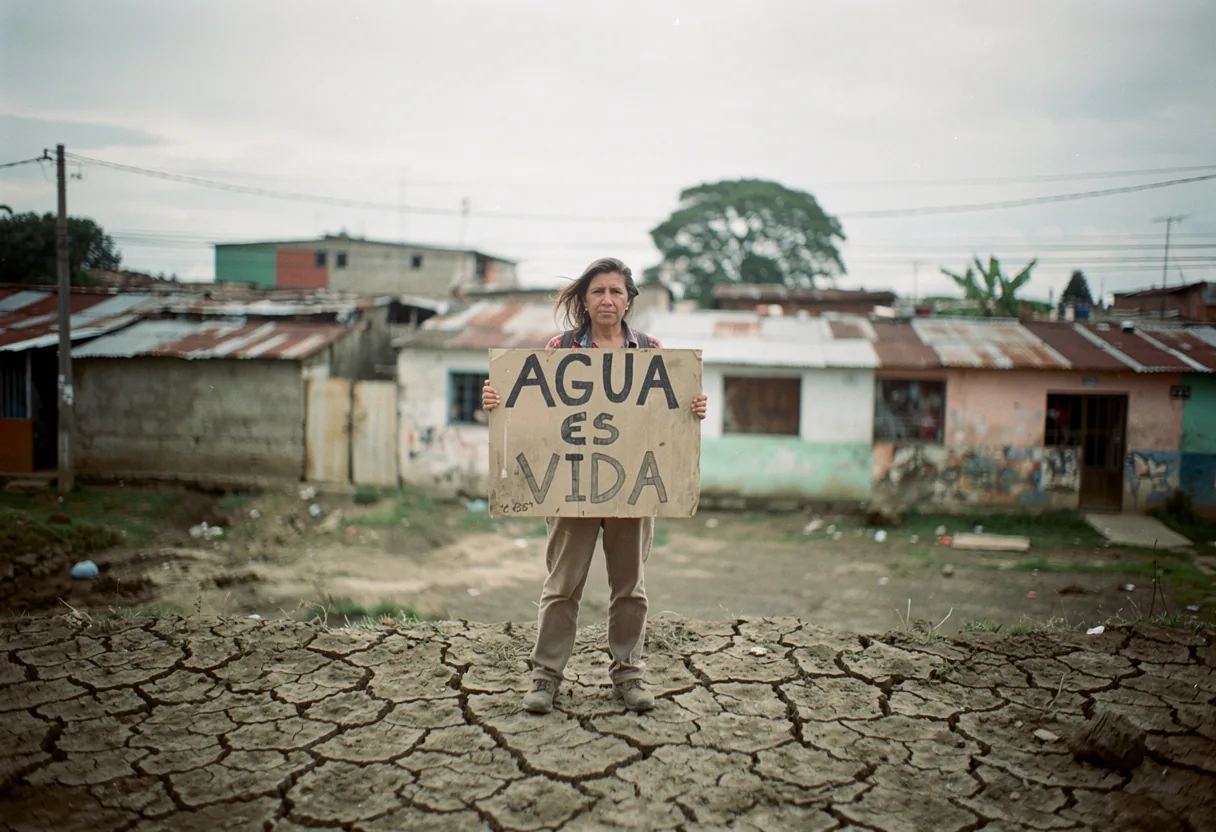 Protester holding "Agua es Vida" banner, Colombia water rights human rights conflicts guide.