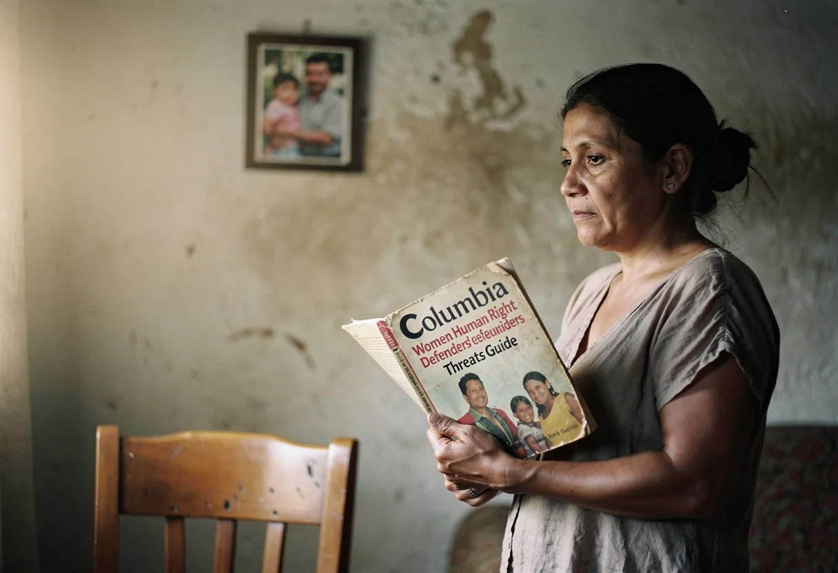 A woman holds a guidebook in a modest room, Colombia Women Human Rights Defenders Threats Guide.