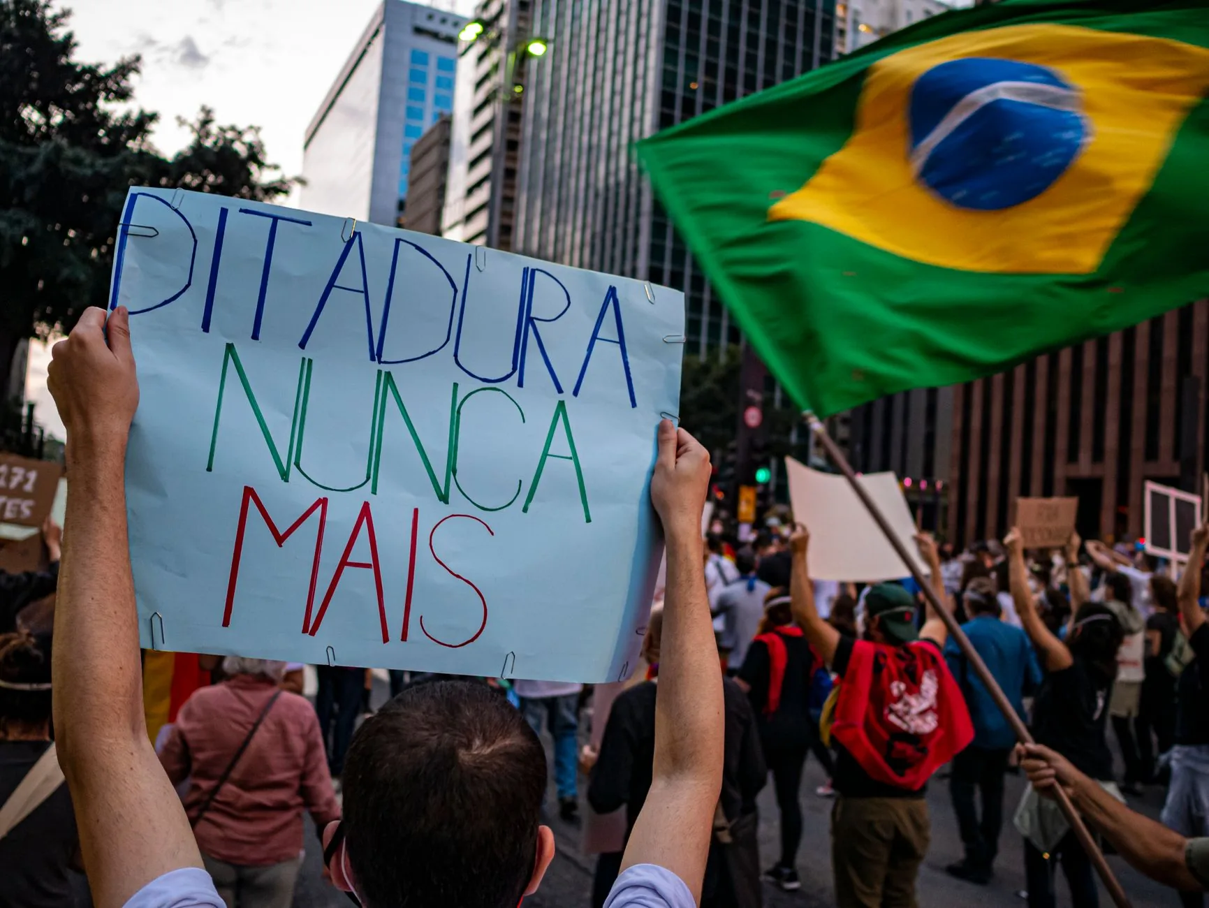 An Indigenous activist holds a hand-painted sign, advocating for linguistic policies and sovereignty rights.