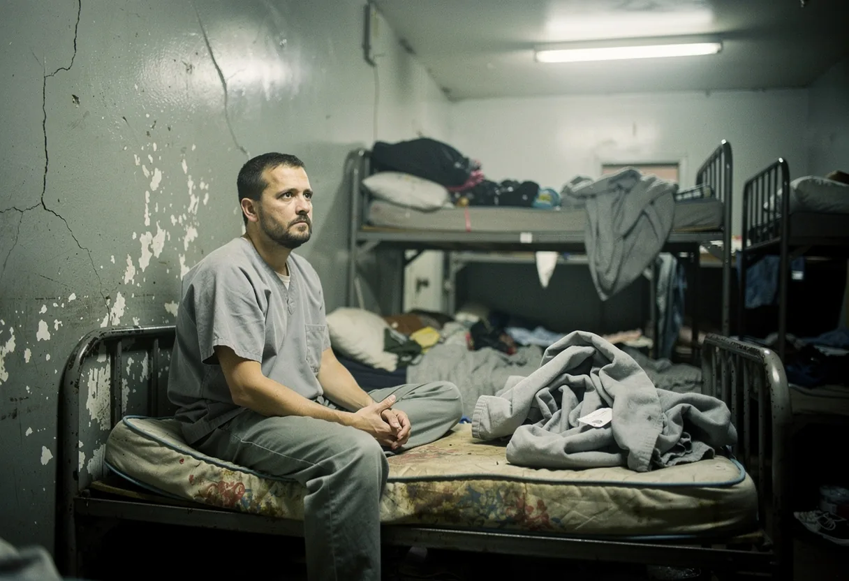 Overcrowded prison cell with resigned inmate, Colombia detention conditions.