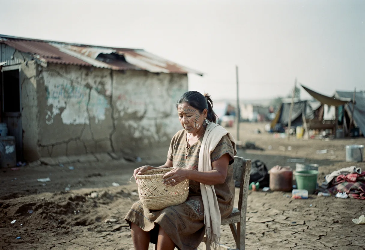Indigenous woman with traditional face paint sitting on stool, San Pedro de Uraba displacement.