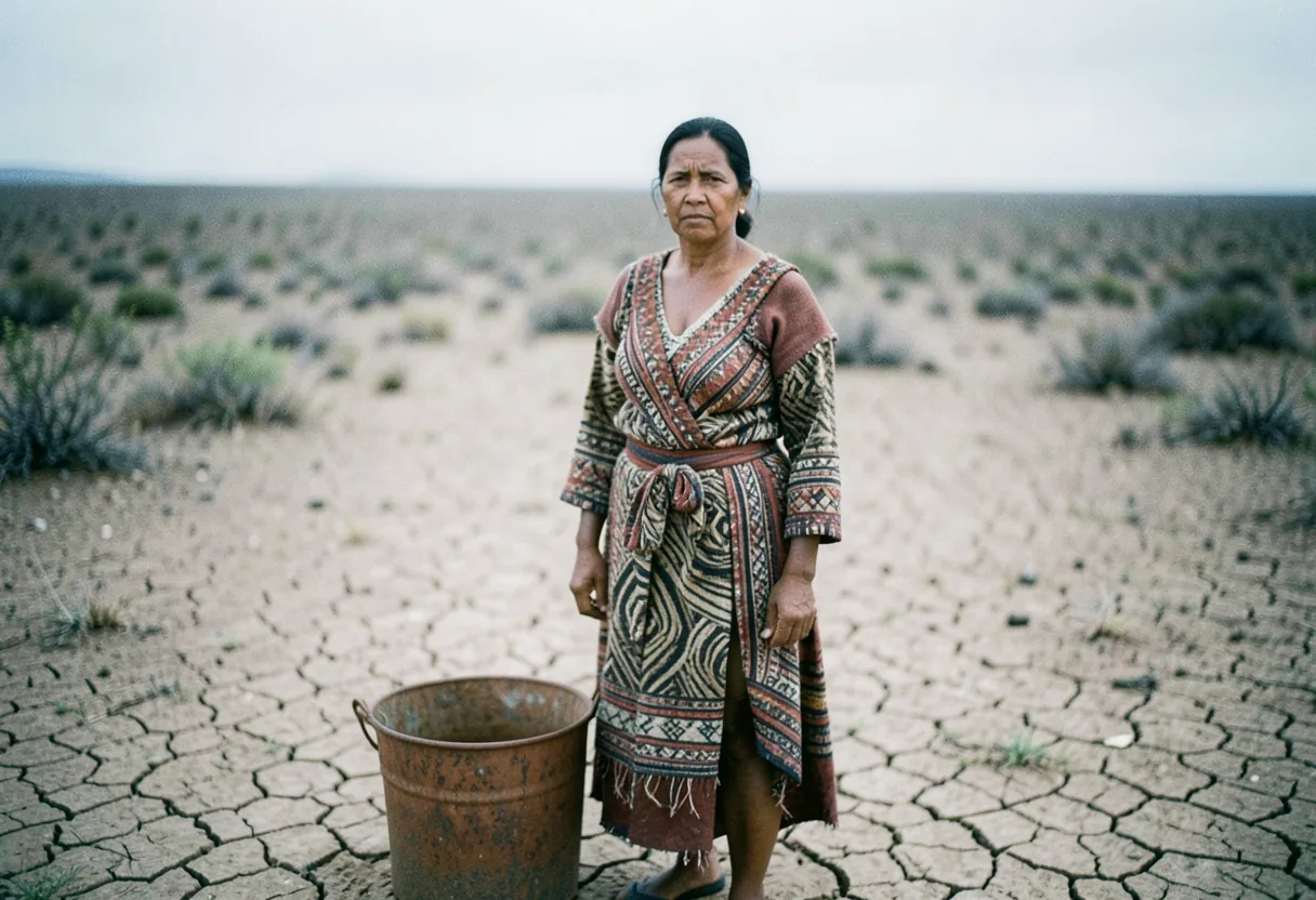 Wayuu woman in La Guajira, indigenous rights violations, solemn expression, arid landscape.